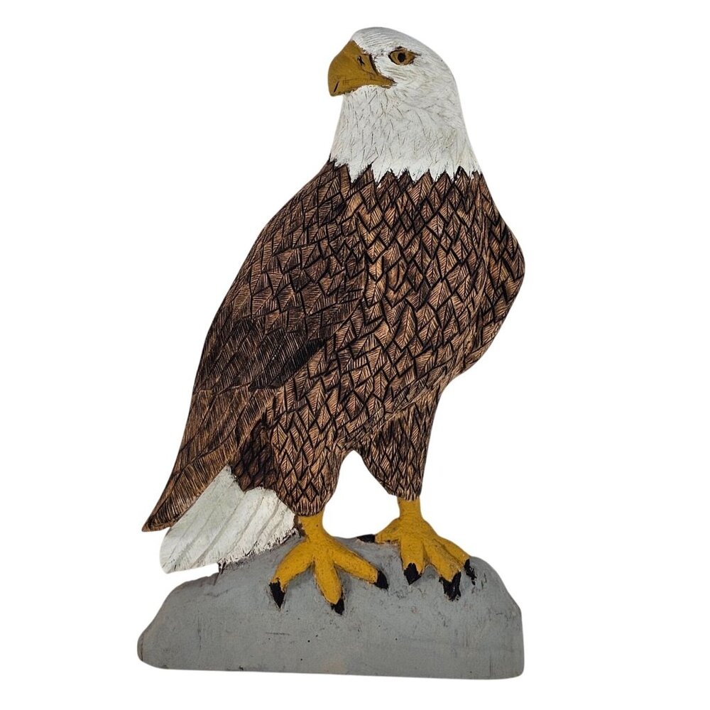 Handcrafted Wooden Bald Eagle Sculpture Figurine Flat Back Hand Painted Folk Art